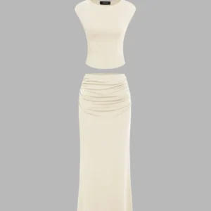 Sleeveless Crop Tank Top & Ruched Maxi Skirt In Off White
