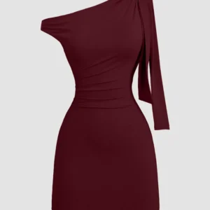 Maroon Asymmetrical Neck Bodycon Mini Dress