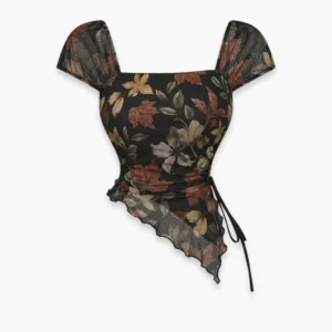 Tie Front Asymmetrical Hem Sleeveless Printed Top in Classic Black